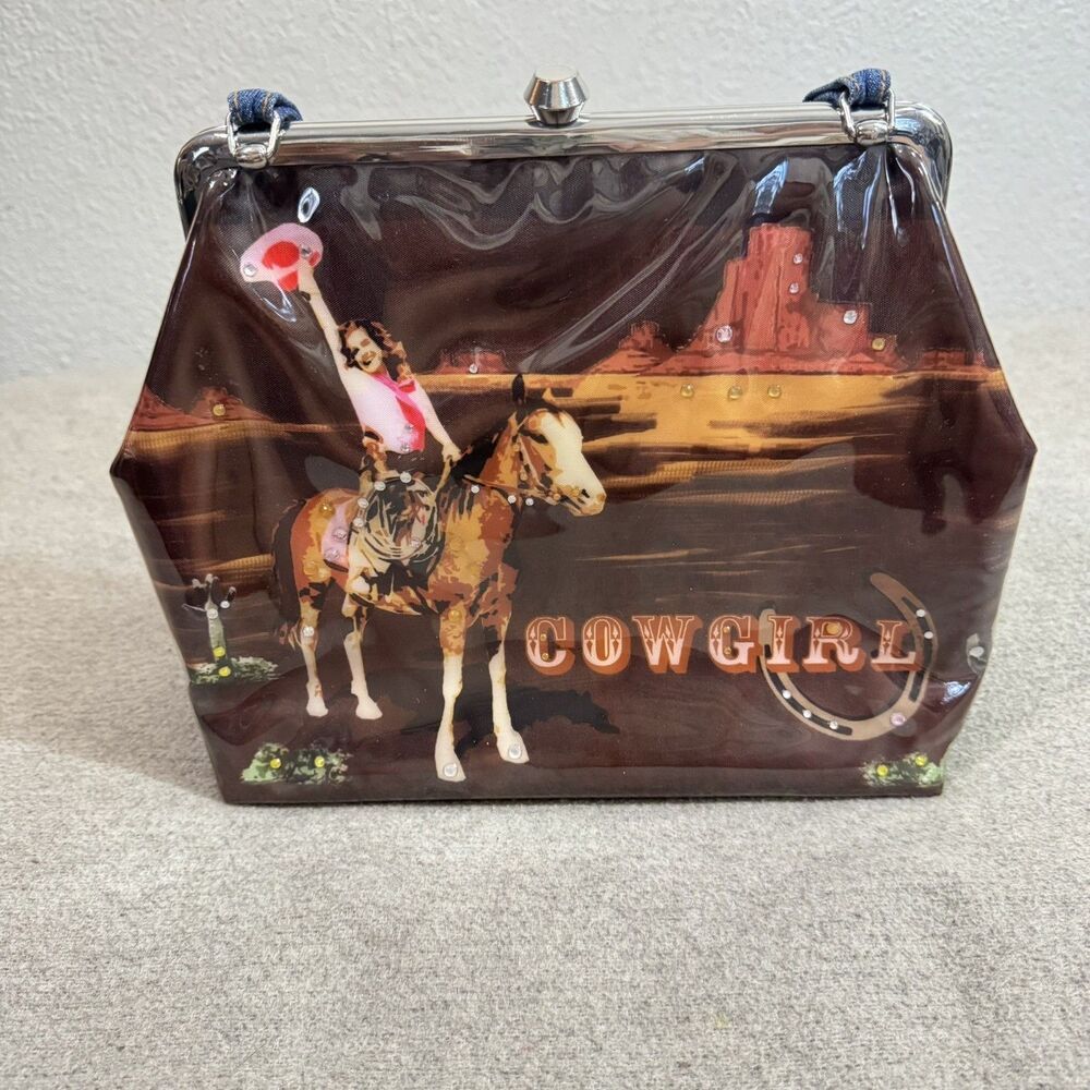 VTG 90s Nocona Cowgirl Purse Kiss Lock Denim Double Strap Shoulder Bag Western